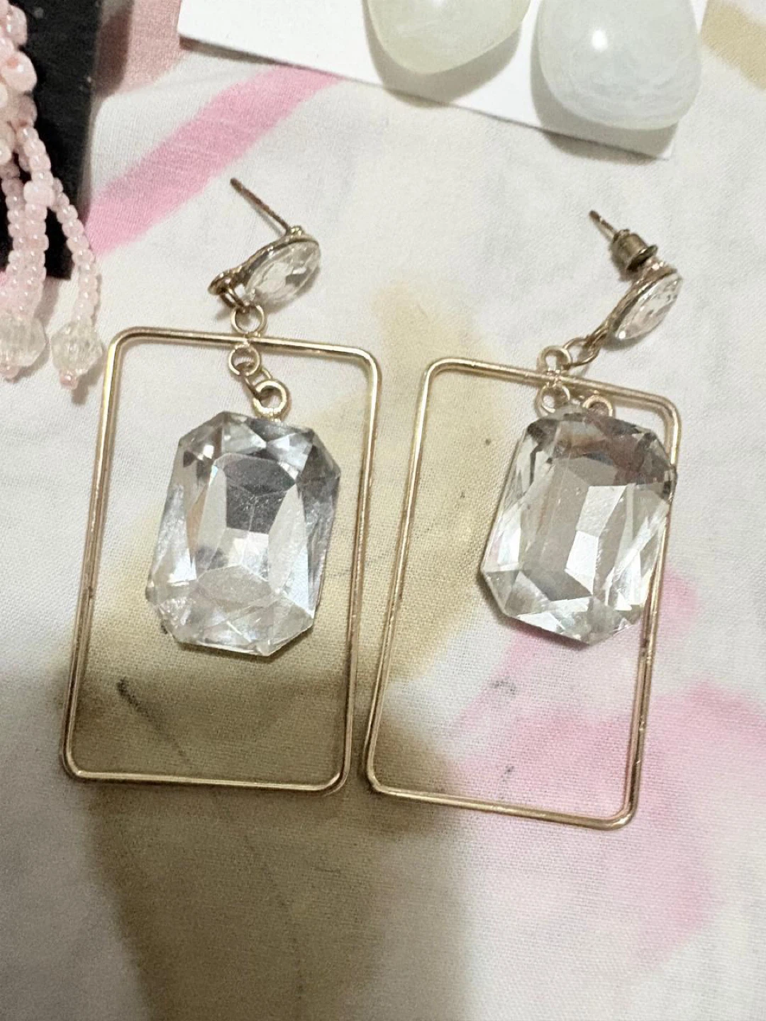 Gold Rectangle Drop Earrings with Clear Gemstones