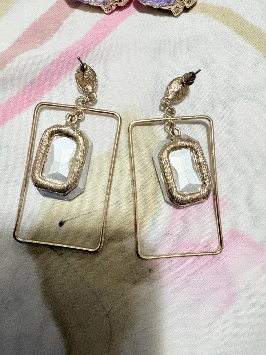 Gold Rectangle Drop Earrings with Clear Gemstones - photo 2