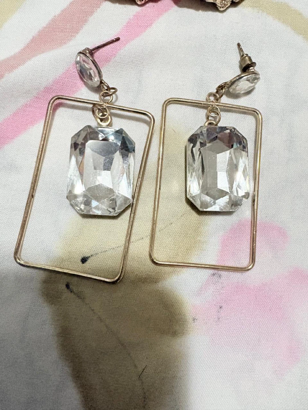 Gold Rectangle Drop Earrings with Clear Gemstones - photo 3