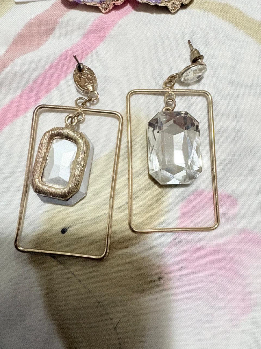 Gold Rectangle Drop Earrings with Clear Gemstones - photo 4