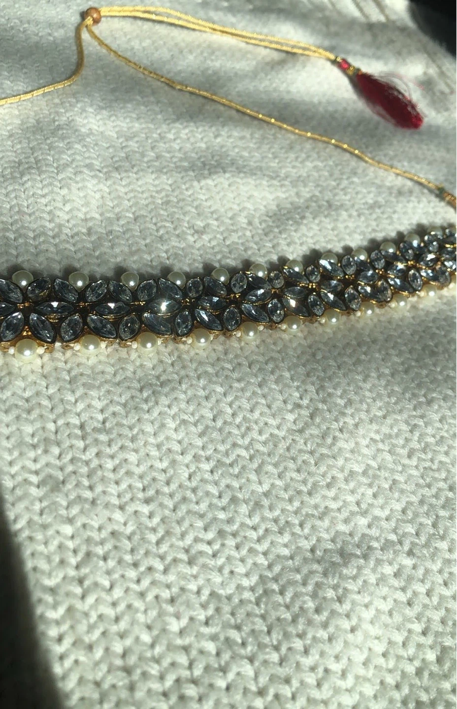 Gold-tone Choker Necklace with Rhinestones and Pearls