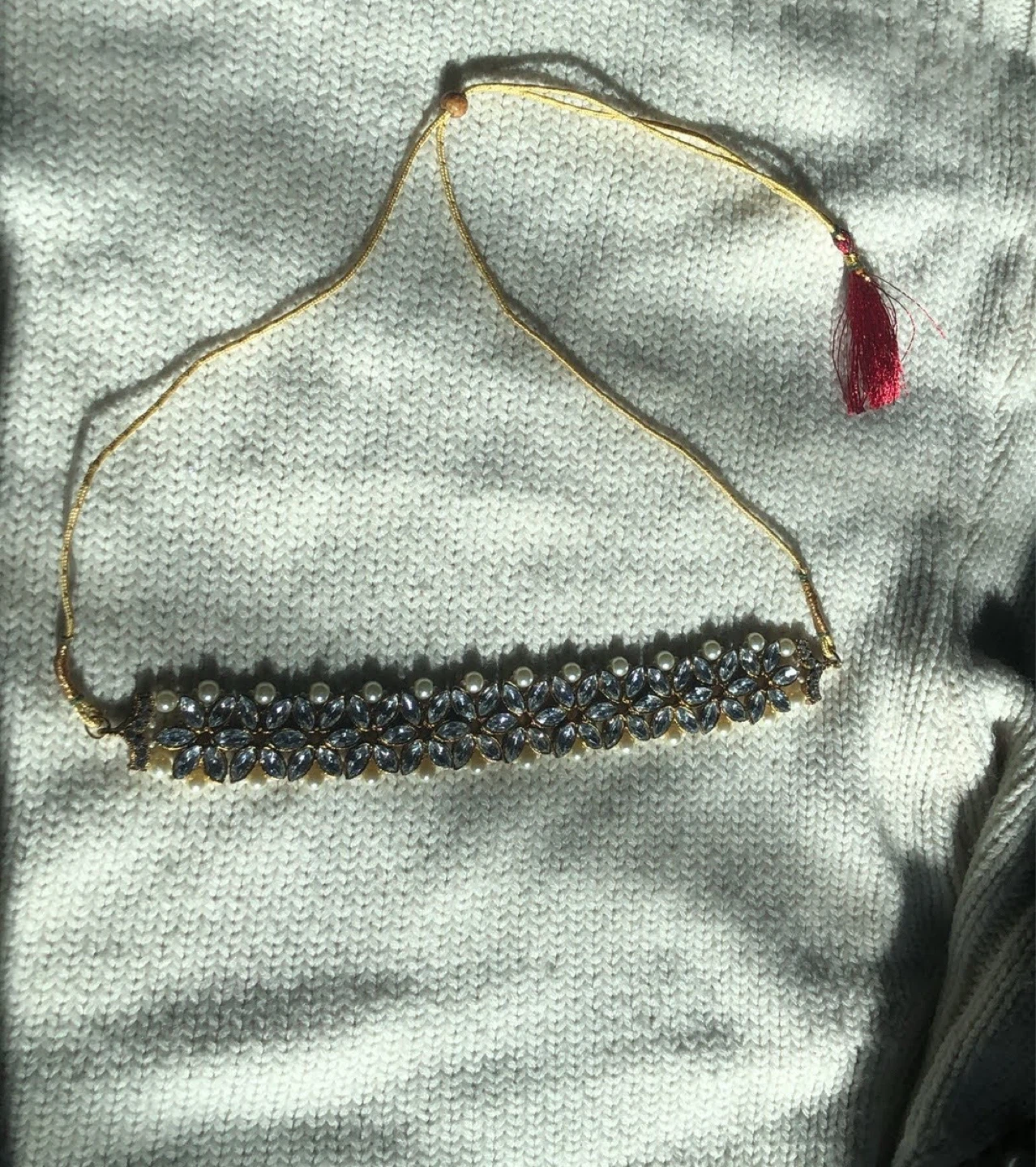 Gold-tone Choker Necklace with Rhinestones and Pearls - photo 2