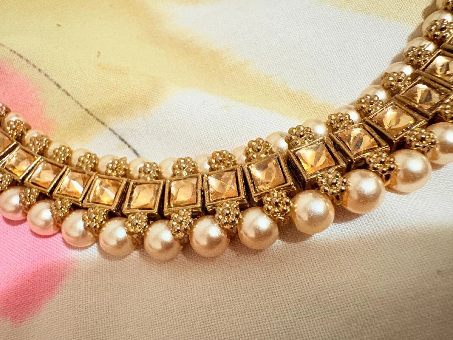 Gold-toned Pearl and Jewel Choker Necklace
