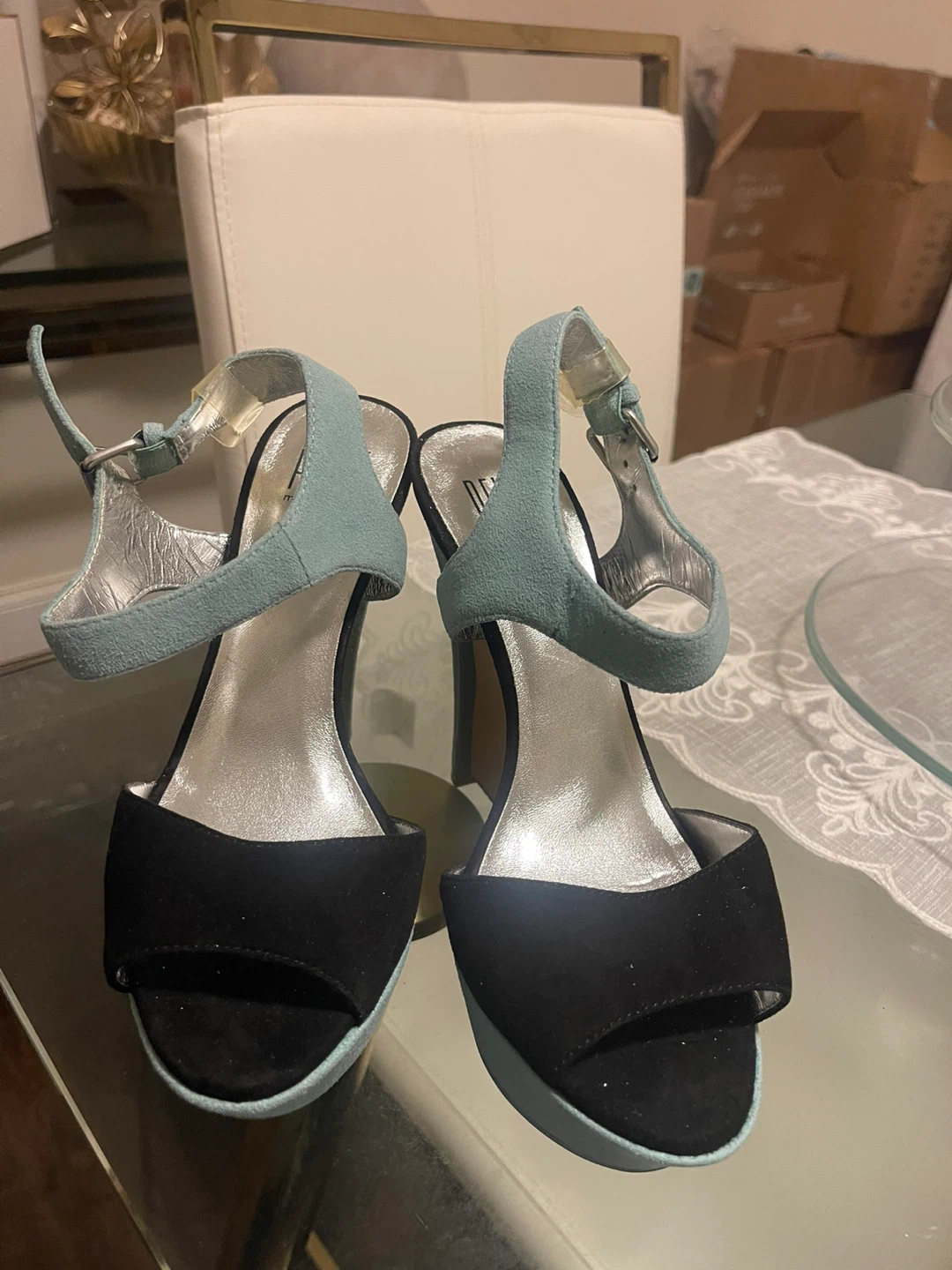 Pelle Moda Black and Teal Suede Platform Heels