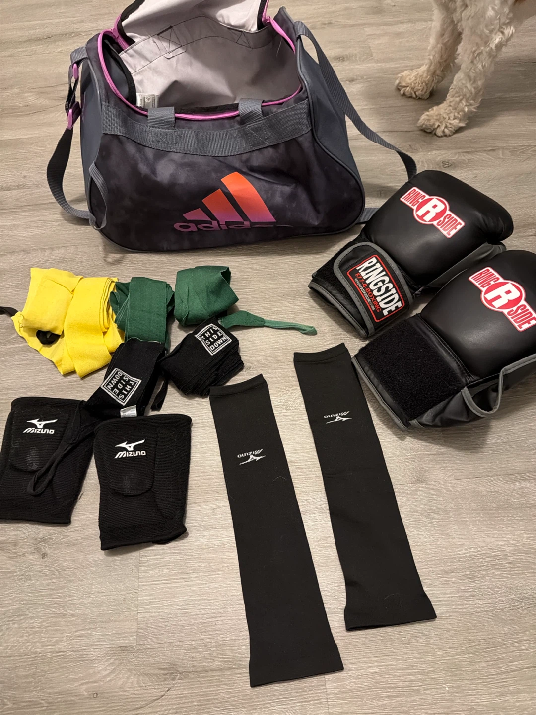 Adidas Boxing Bag with Ringside Gloves and Mizuno Gear