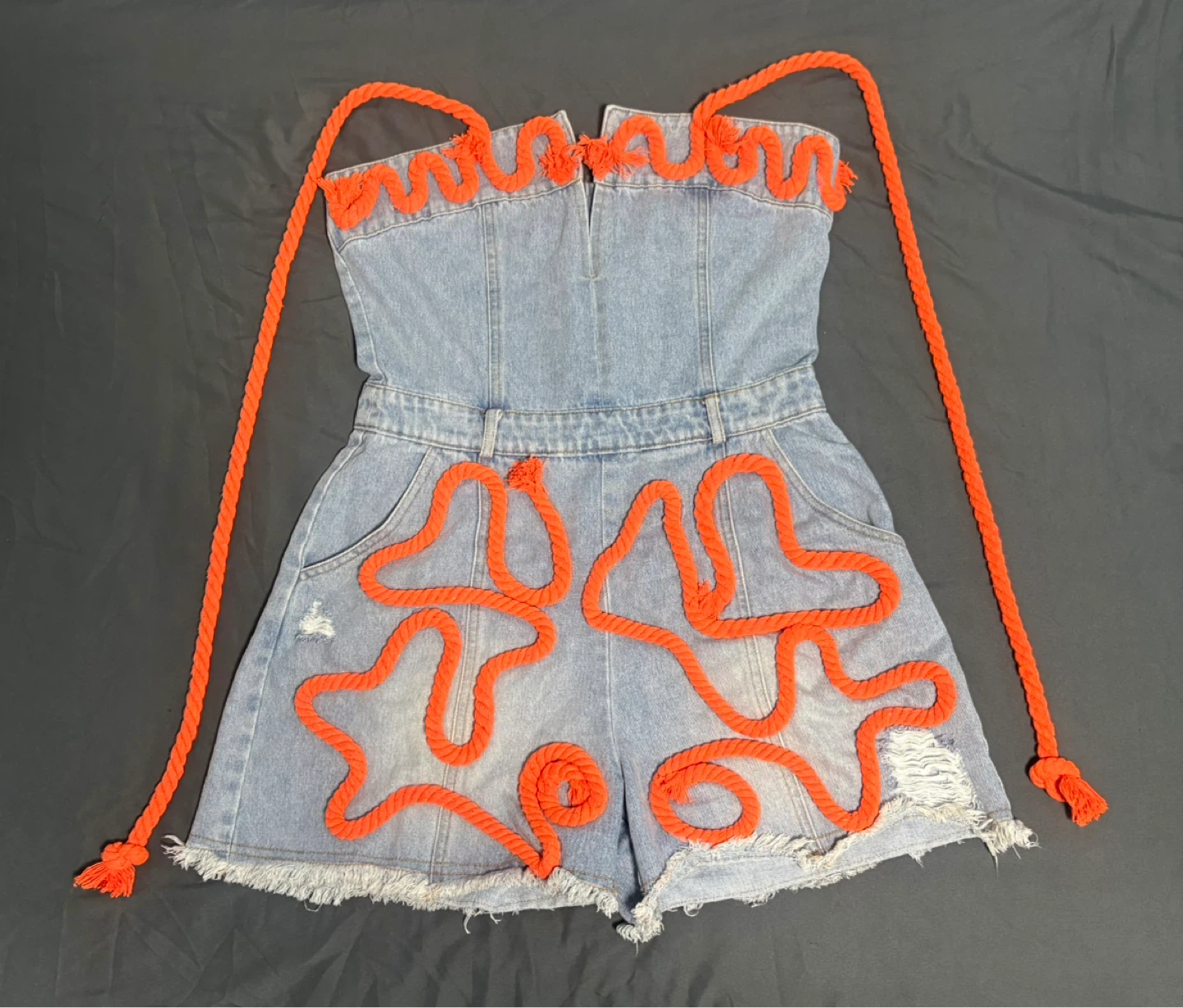 Athina Denim Romper with Orange Rope Detail Size M