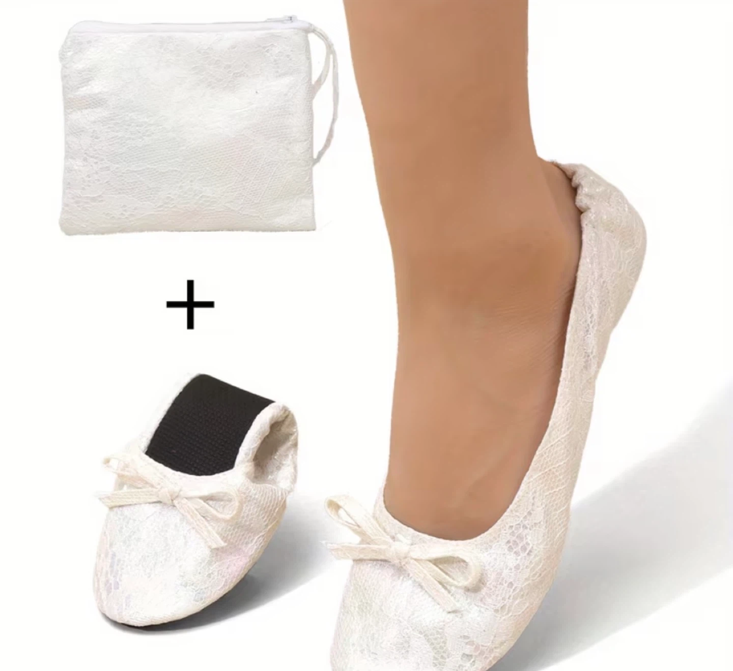 White Lace Foldable Dancing Flats with Pouch - photo 2