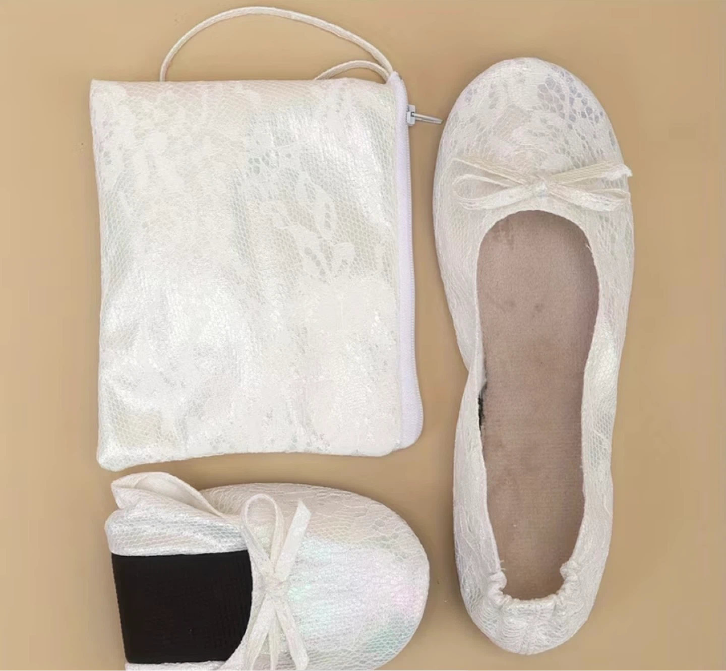 White Lace Foldable Dancing Flats with Pouch - photo 4