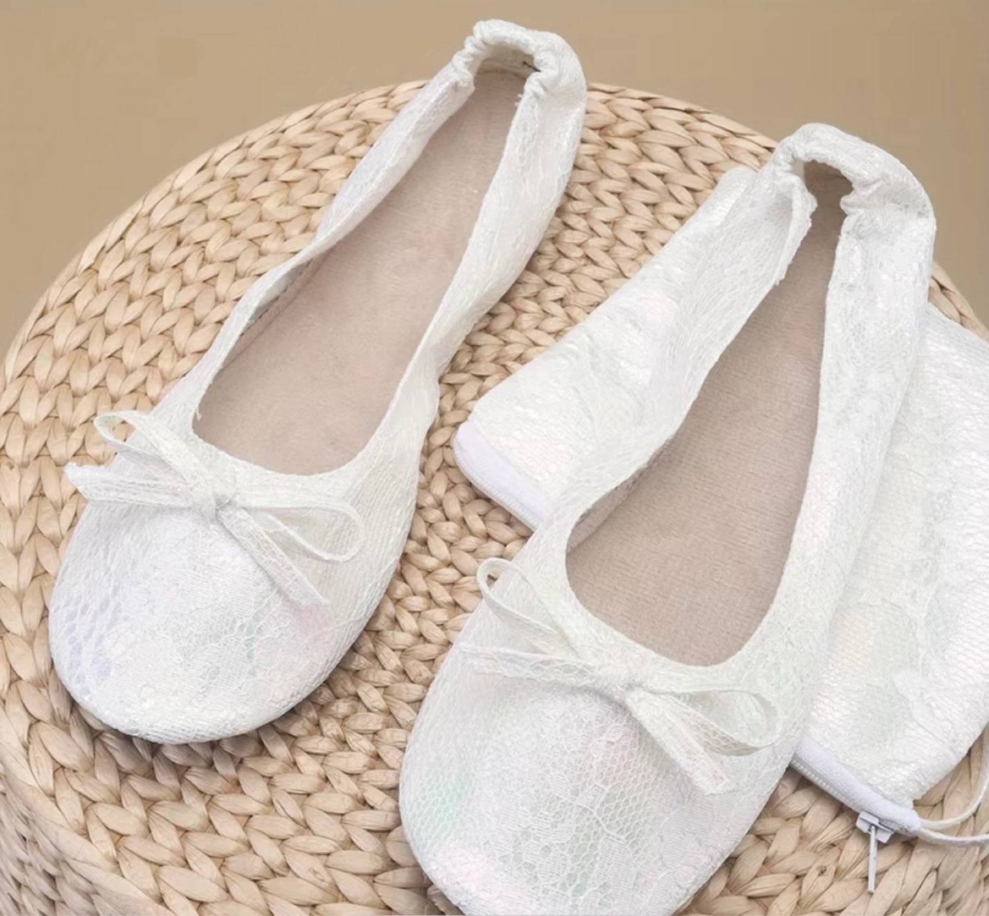 White Lace Foldable Dancing Flats with Pouch