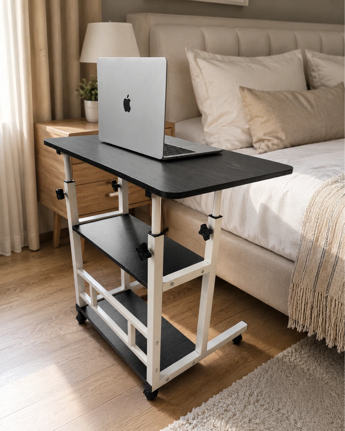 Adjustable Height Rolling Table with Shelves
