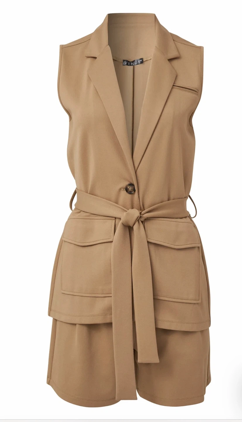 Sleeveless Blazer Short Set - Camel