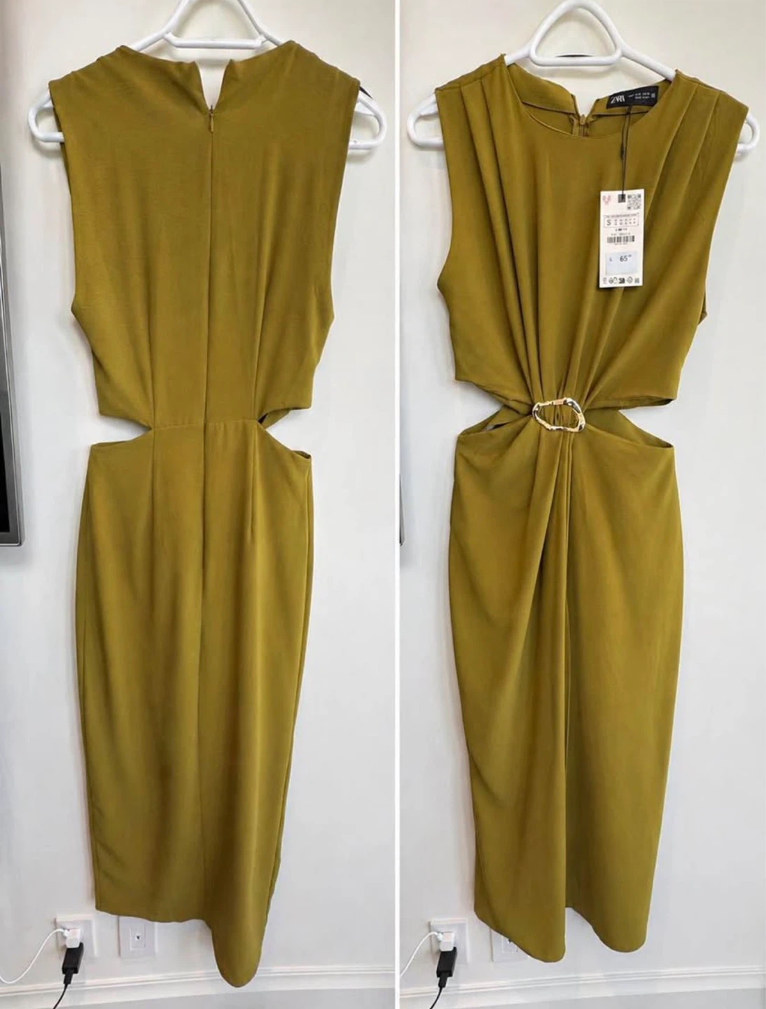 ZARA Cut-out Midi Dress - Olive Green