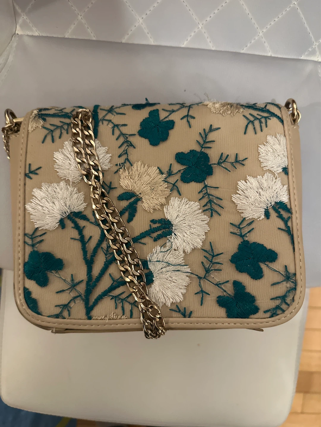 Beige Embroidered Clutch Purse with Chain Strap