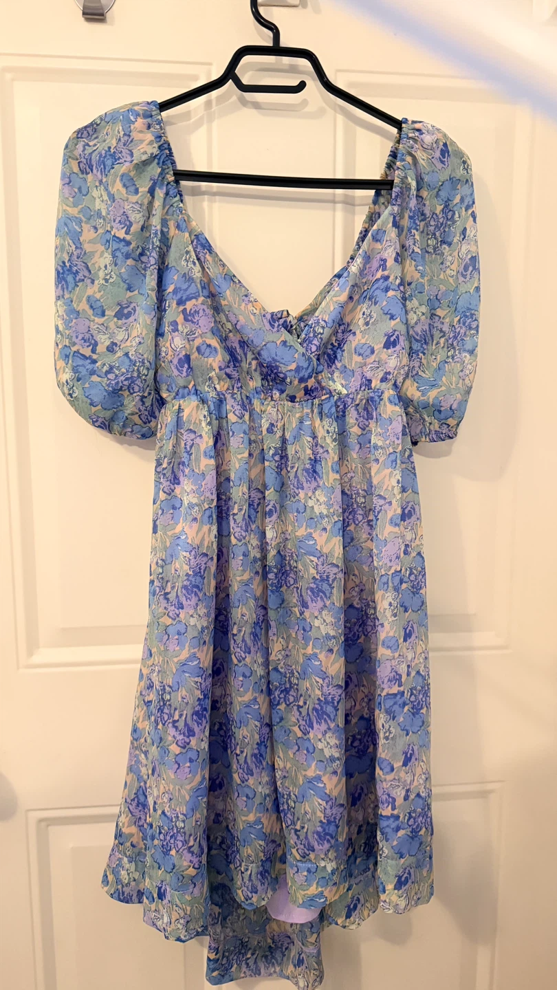 Blue Floral Puff Sleeve Dress.  Size S/M