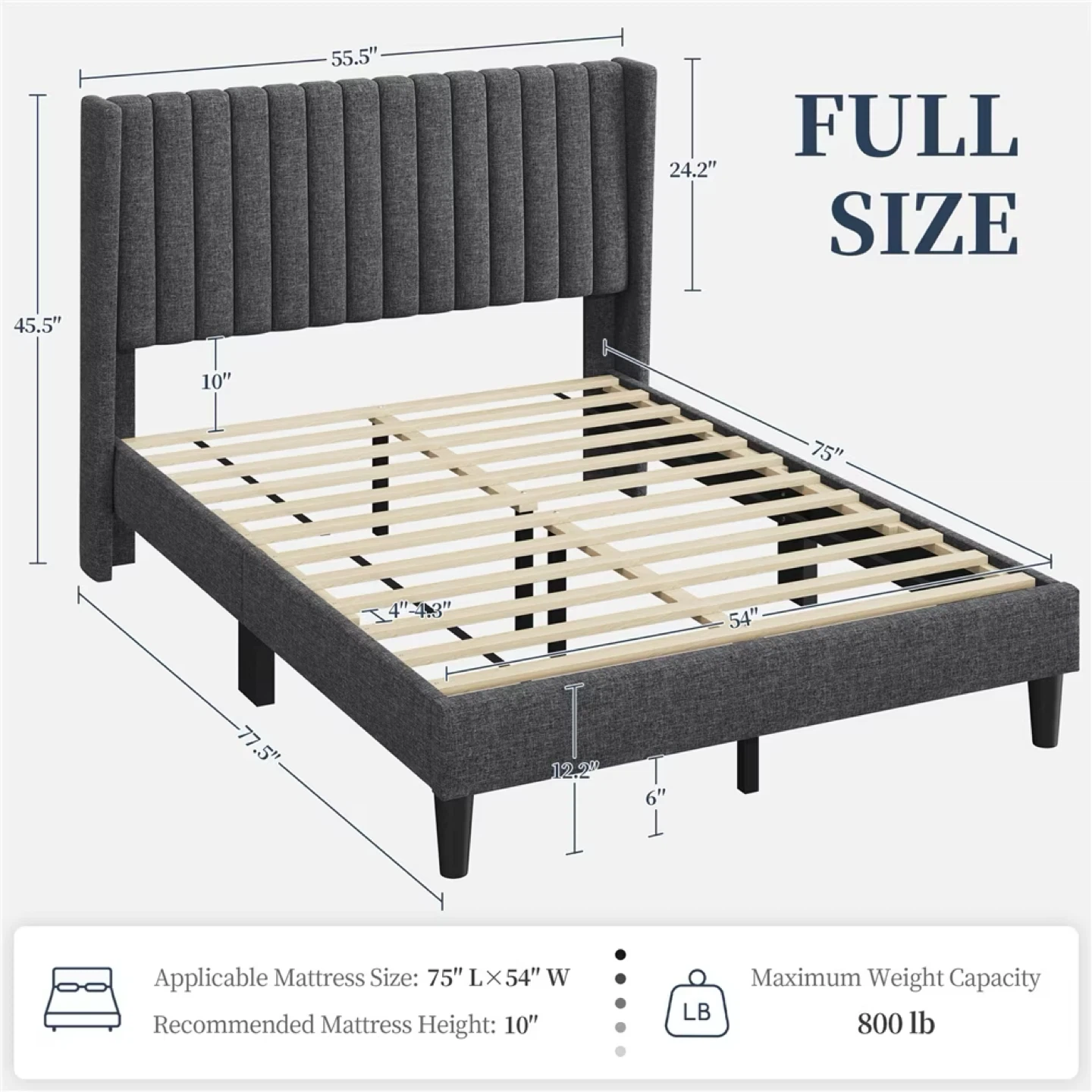 Grey Upholstered Full Size Bed Frame with Headboard - photo 2