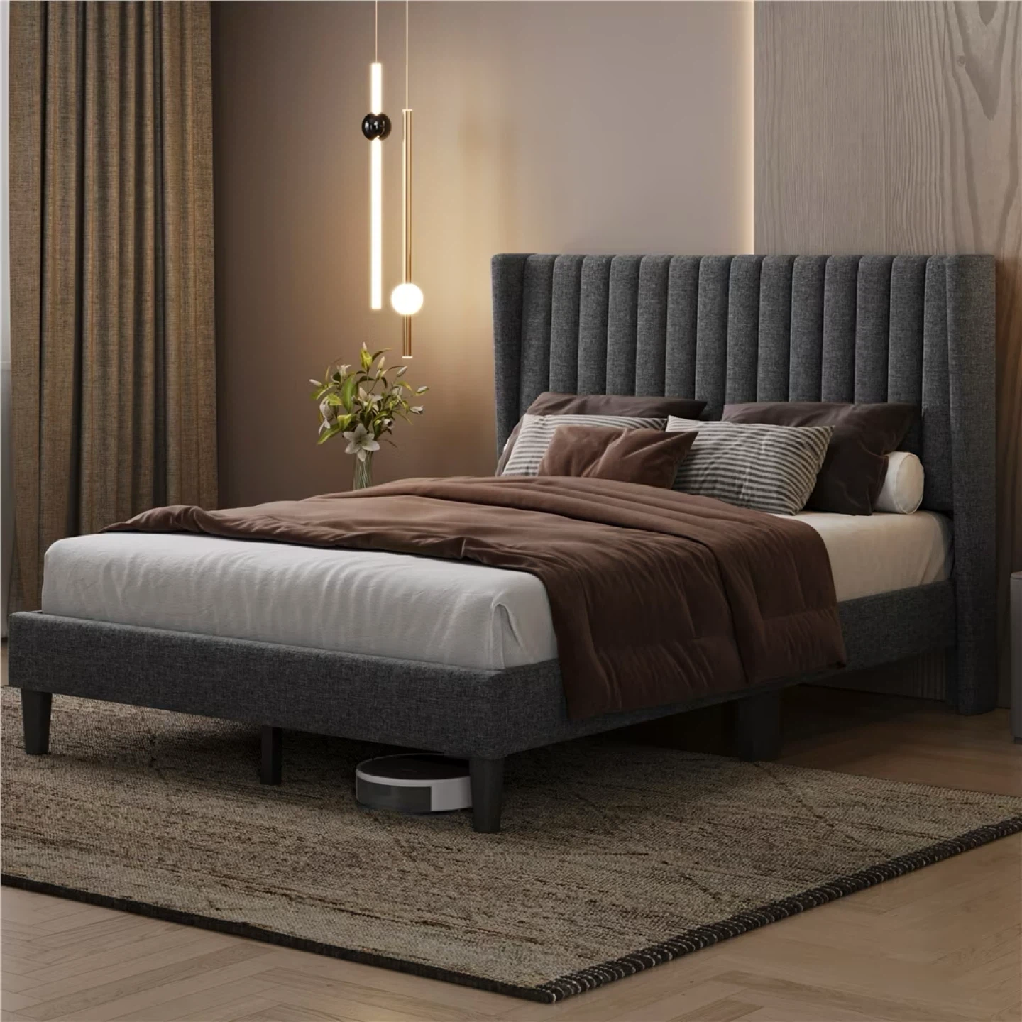 Grey Upholstered Full Size Bed Frame with Headboard