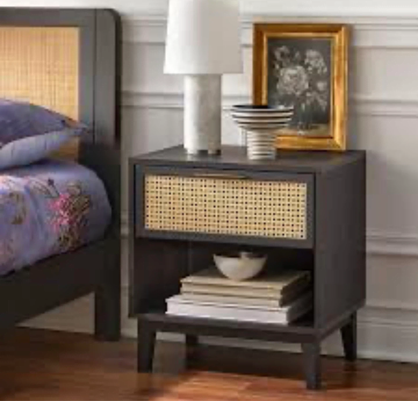 New Boho Black Rattan Nightstand With Storage Cubby