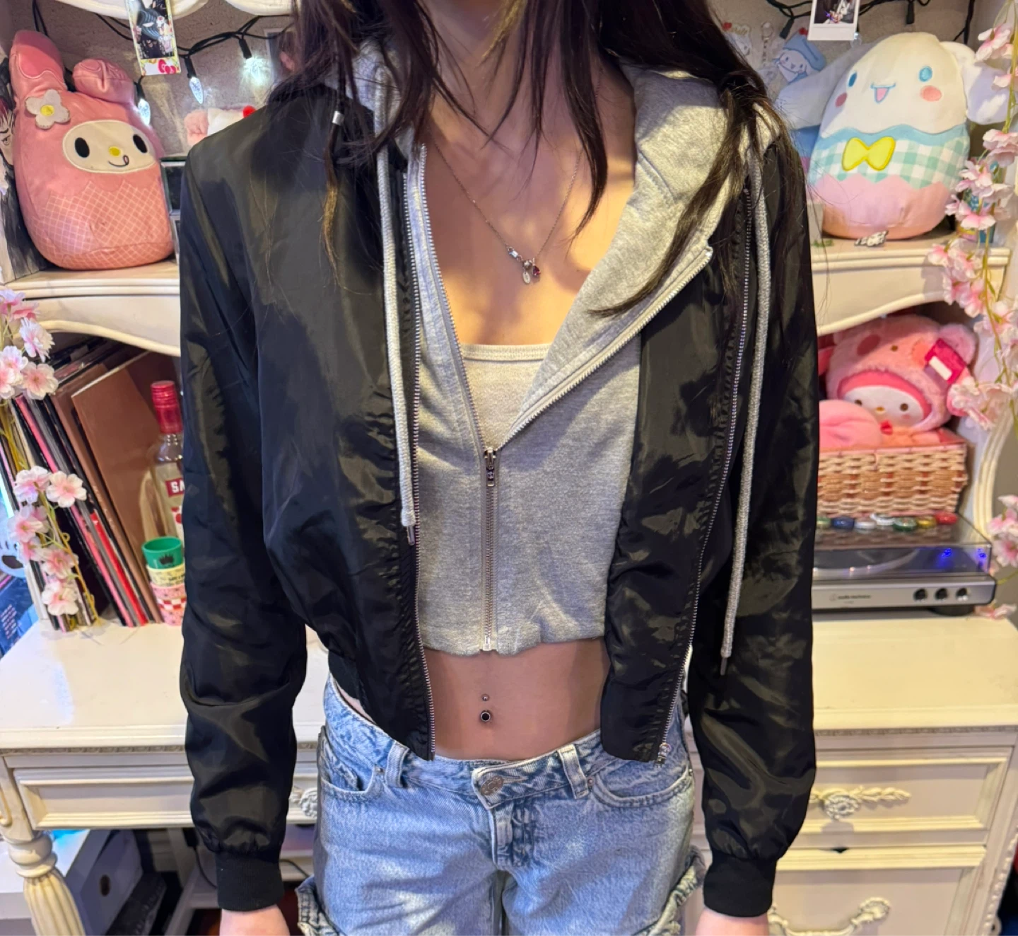 Black Bomber Jacket with Grey Hoodie