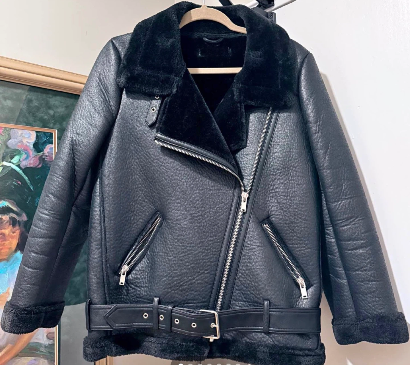 Black Faux Leather Aviator Jacket with Shearling Lining