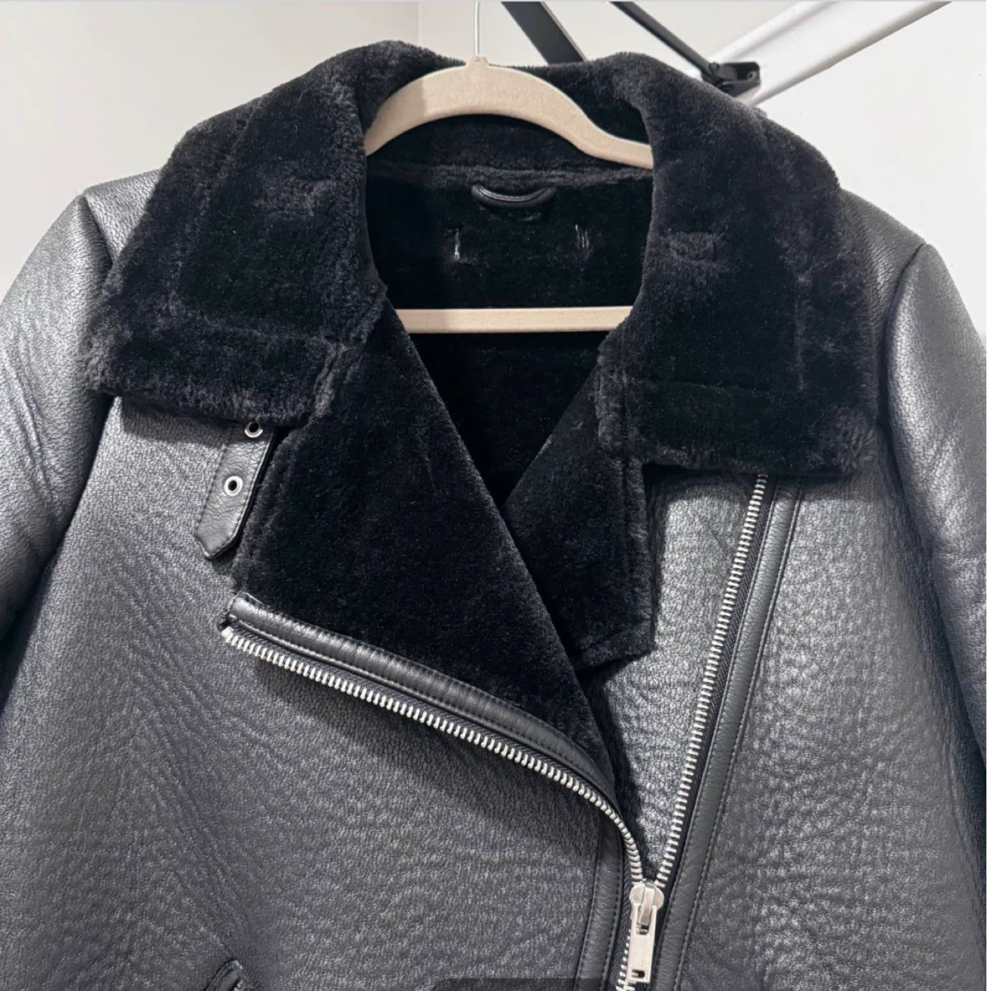 Black Faux Leather Aviator Jacket with Shearling Lining - photo 3