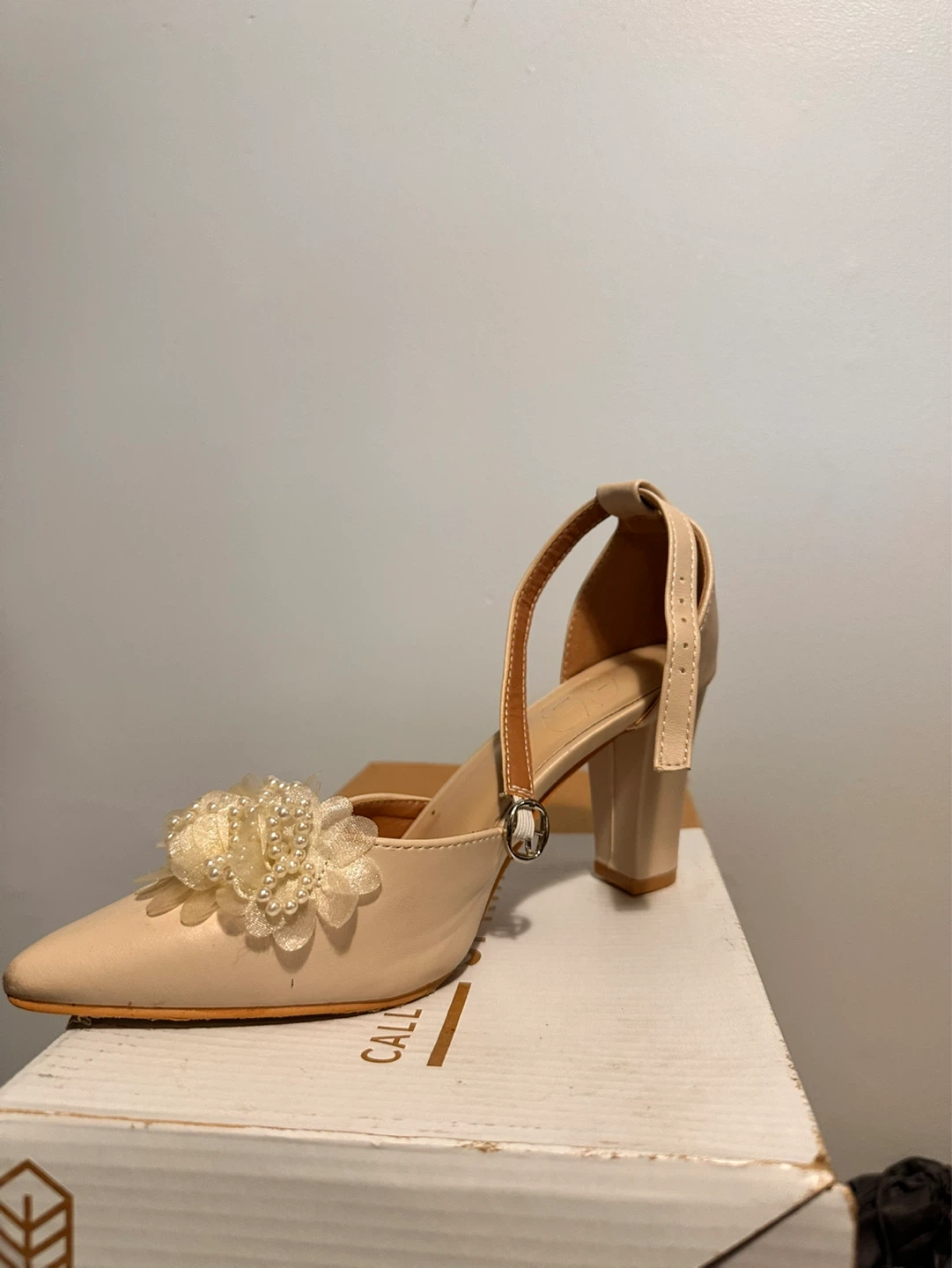 Women's Beige D'Orsay Heels with Pearl Flower Accent