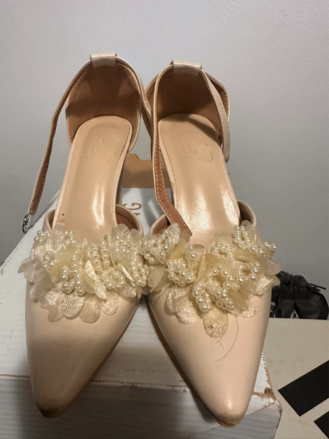 Women's Beige D'Orsay Heels with Pearl Flower Accent - photo 3