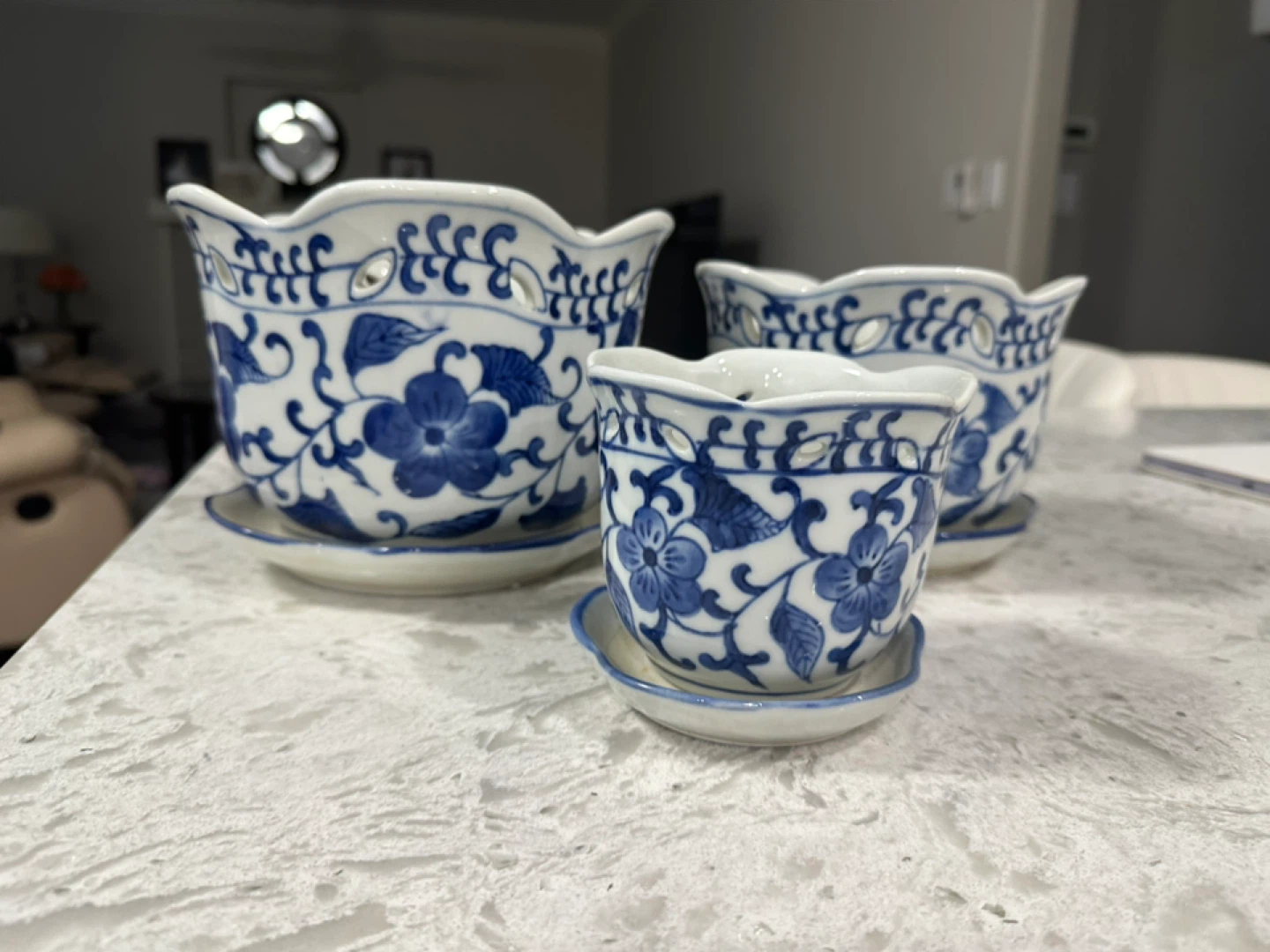 Blue and White Floral Planter Set with Saucers