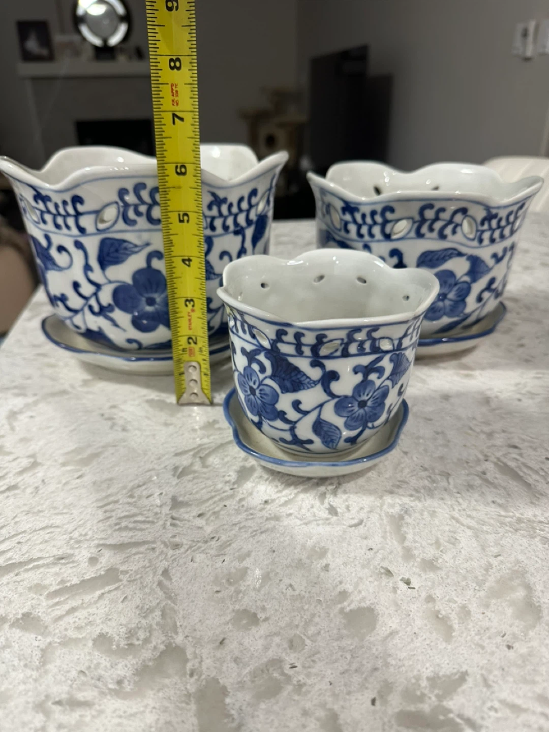Blue and White Floral Planter Set with Saucers - photo 2