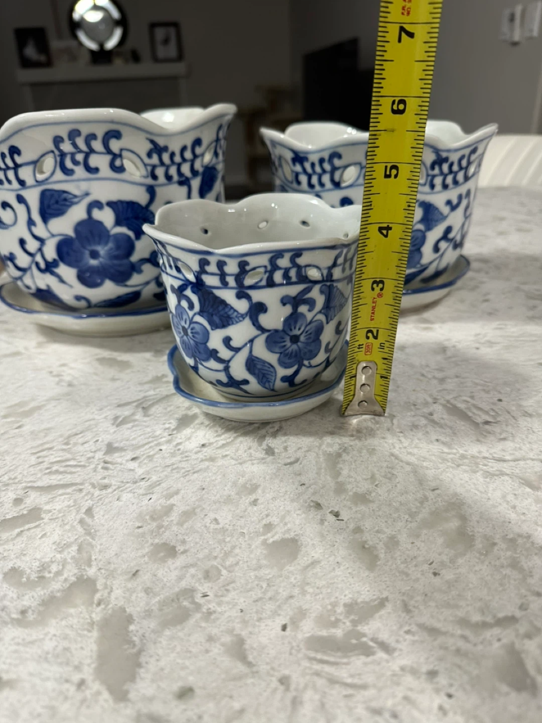 Blue and White Floral Planter Set with Saucers - photo 4