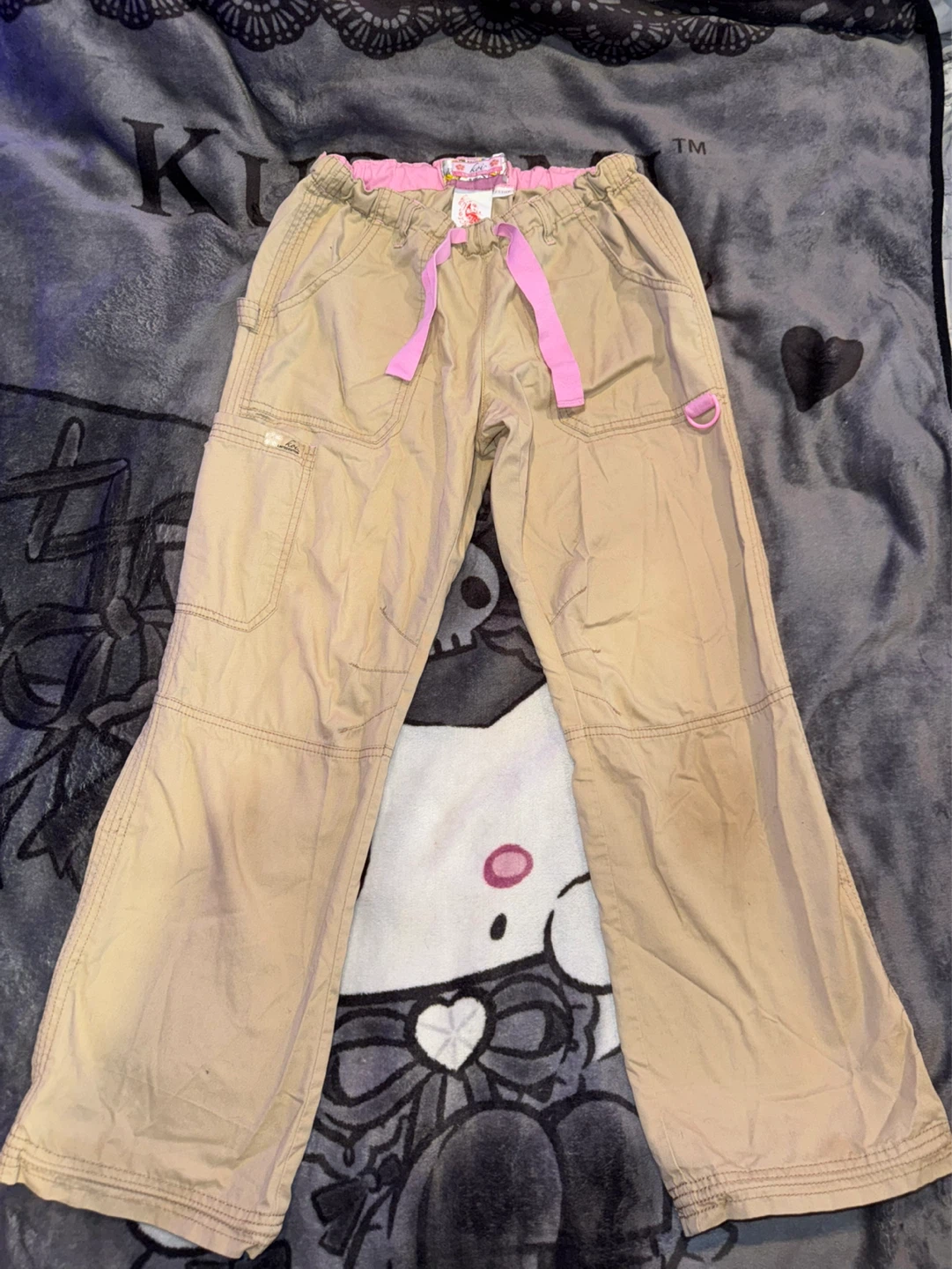 Khaki Cargo Pants with Pink Drawstring