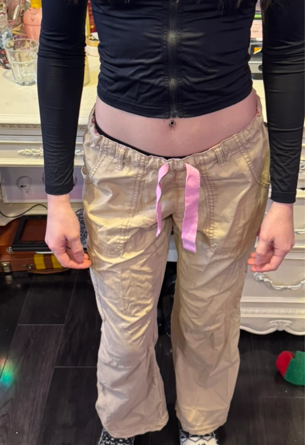 Khaki Cargo Pants with Pink Drawstring - photo 3