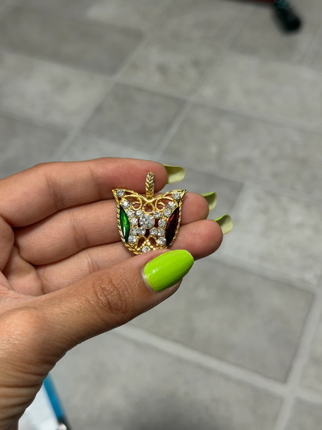 Gold tone pendant with clear and green stones - photo 2