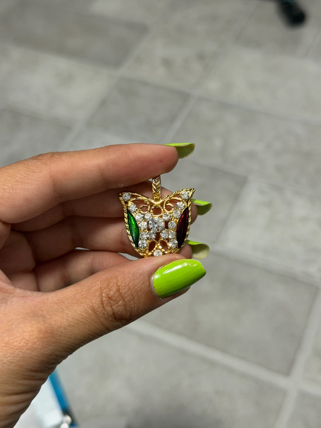 Gold tone pendant with clear and green stones - photo 3