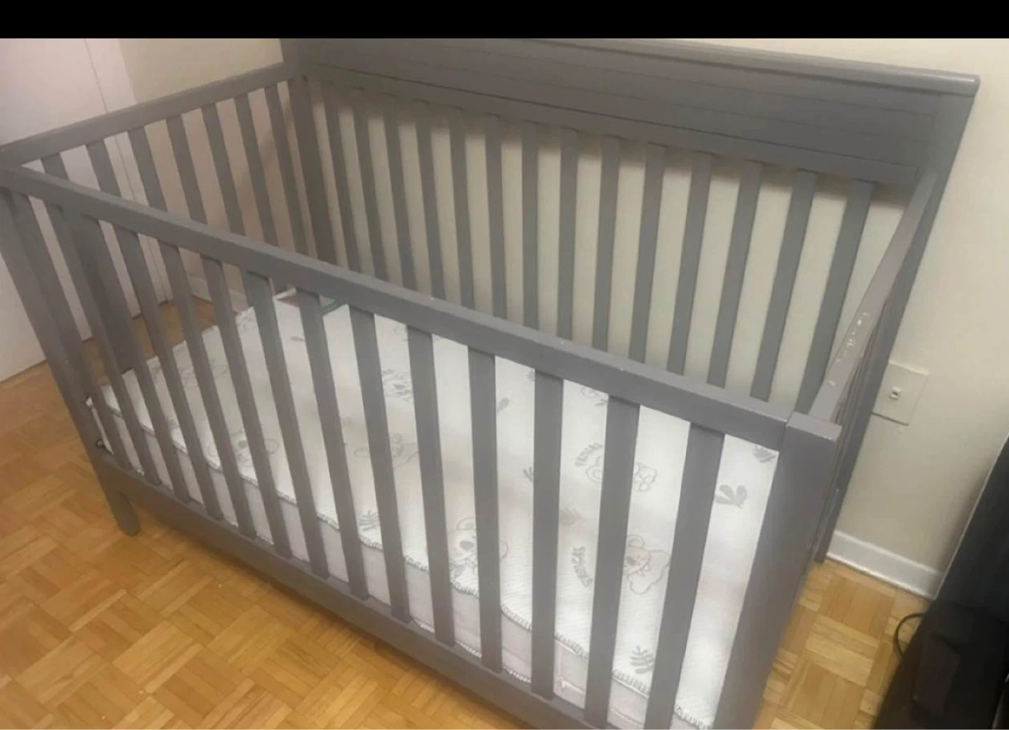 Grey Baby Crib with Mattress