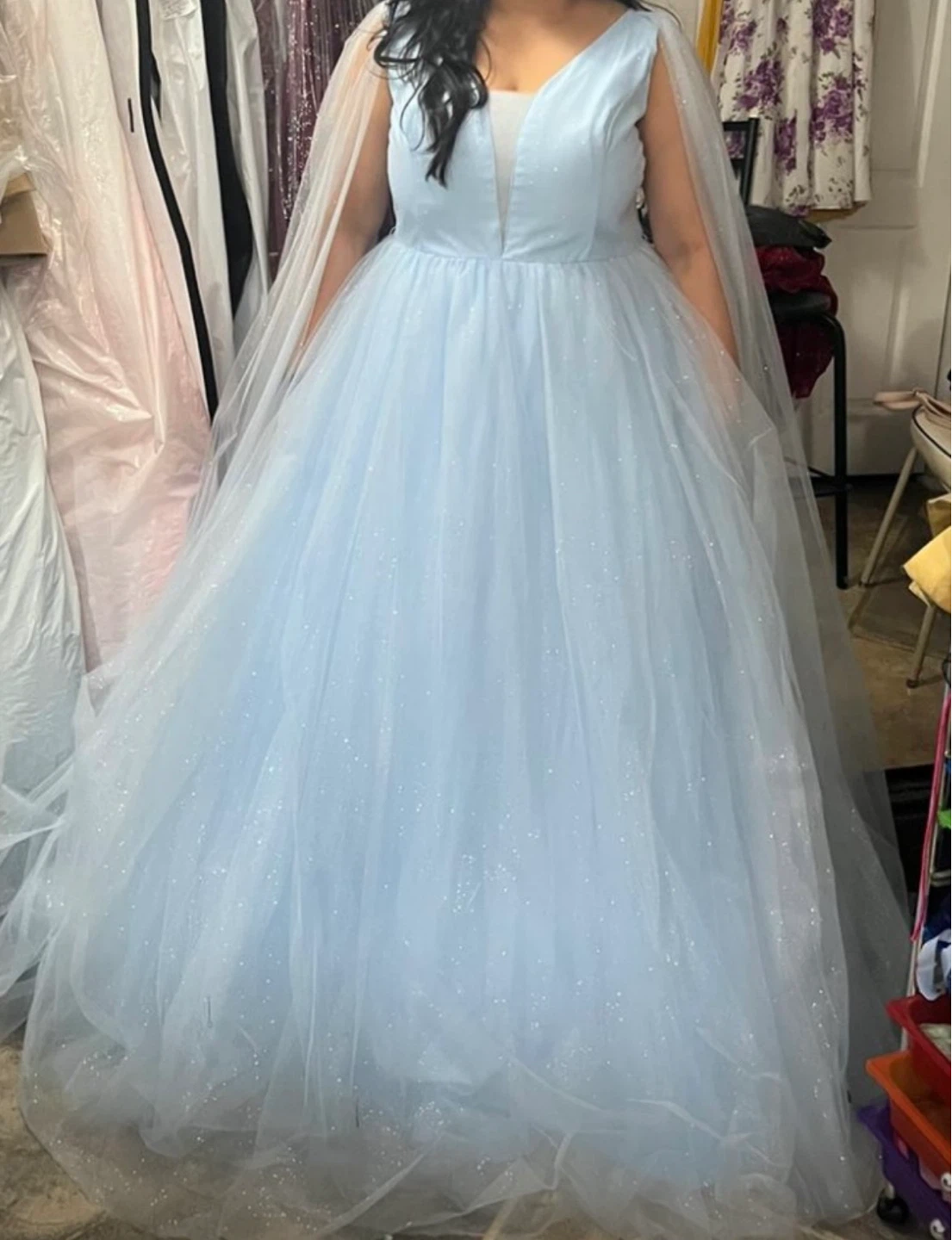 Light Blue Tulle Gown with Cape Sleeves