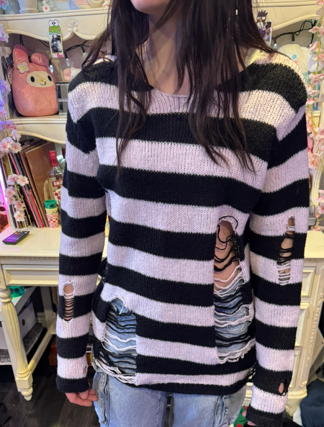 Ripped Black and Pink Striped Knit Sweater