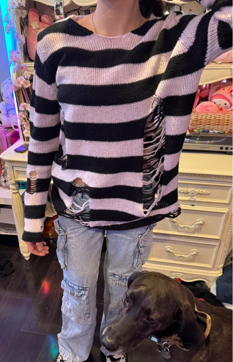 Ripped Black and Pink Striped Knit Sweater - photo 3