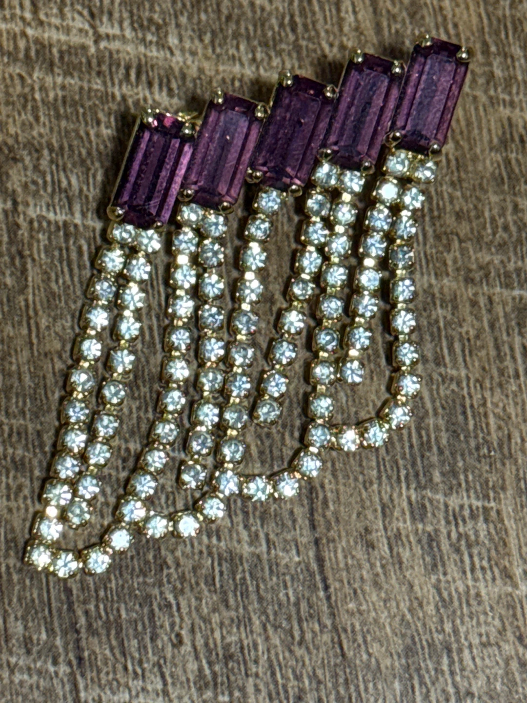 Purple and Clear Rhinestone Dangle Brooch