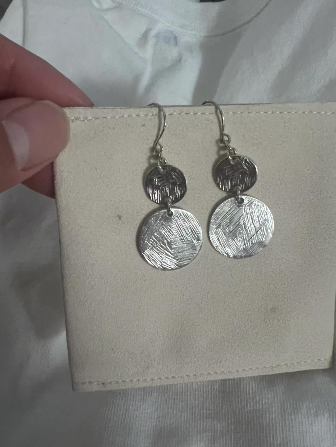 Silver Tone Dangle Earrings with Textured Discs - photo 2