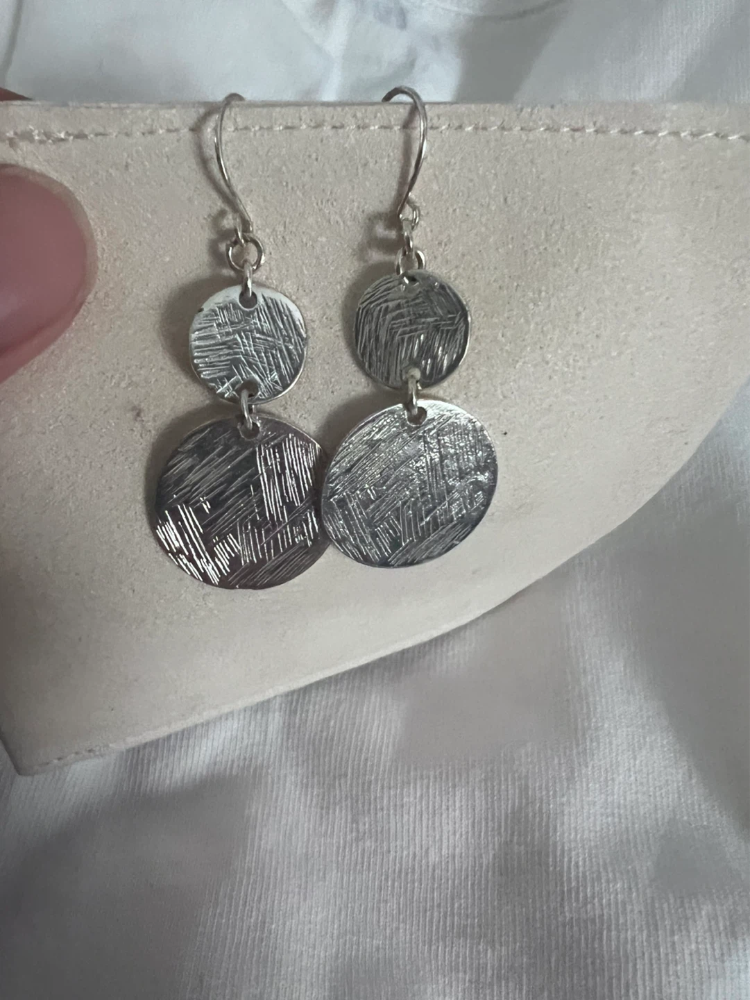 Silver Tone Dangle Earrings with Textured Discs