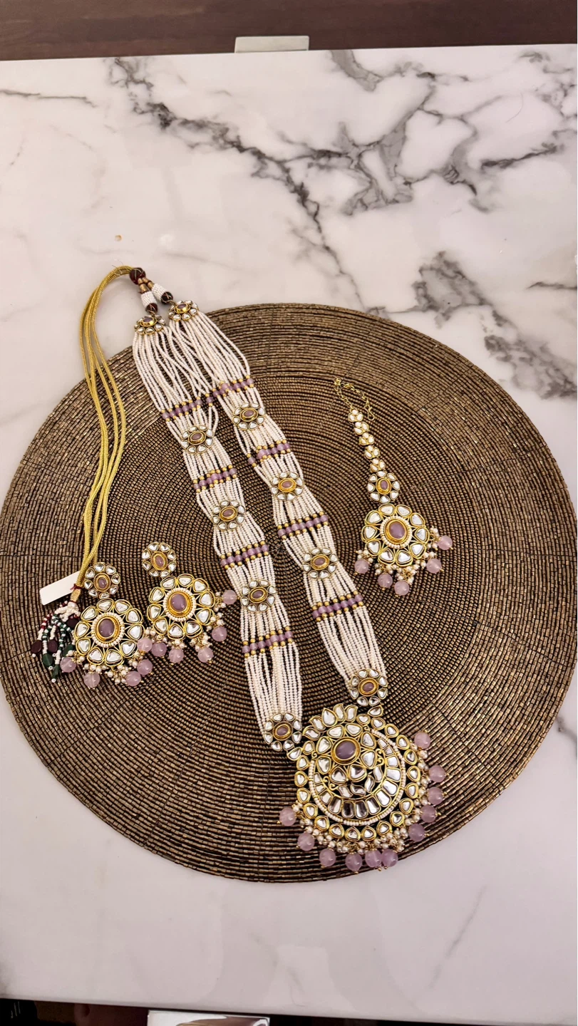 Lavender long mala kundan 4 piece set