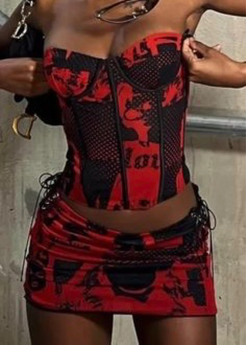 Edikted Red and Black Graphic Corset+Skirt Set