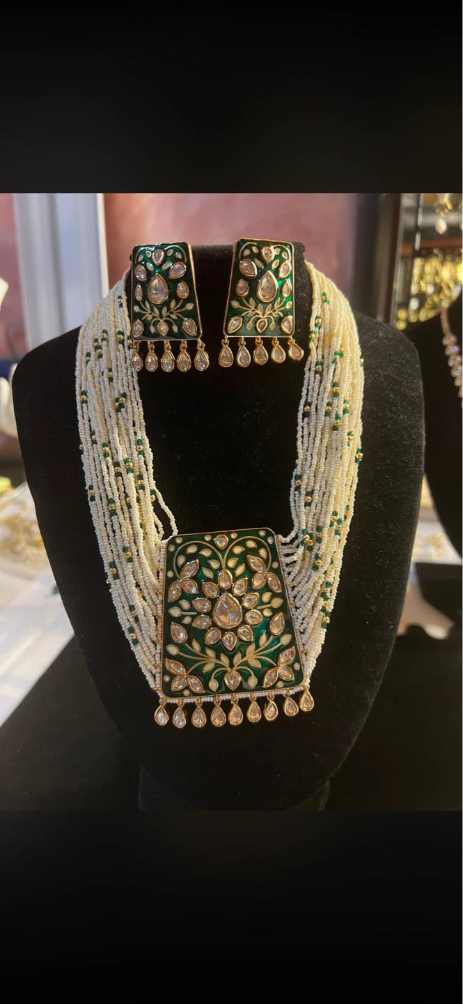 Green Enamel gold plated Pendant Necklace and Earrings Set - photo 2