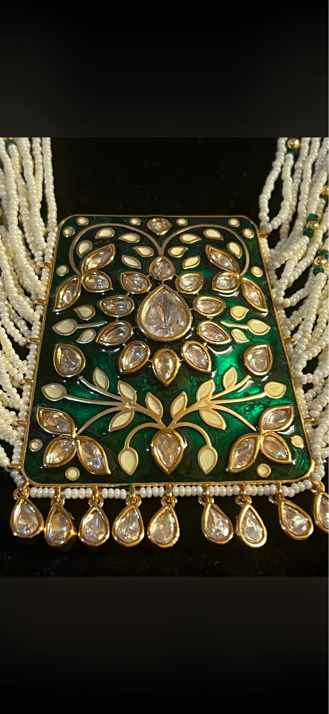 Green Enamel gold plated Pendant Necklace and Earrings Set - photo 4