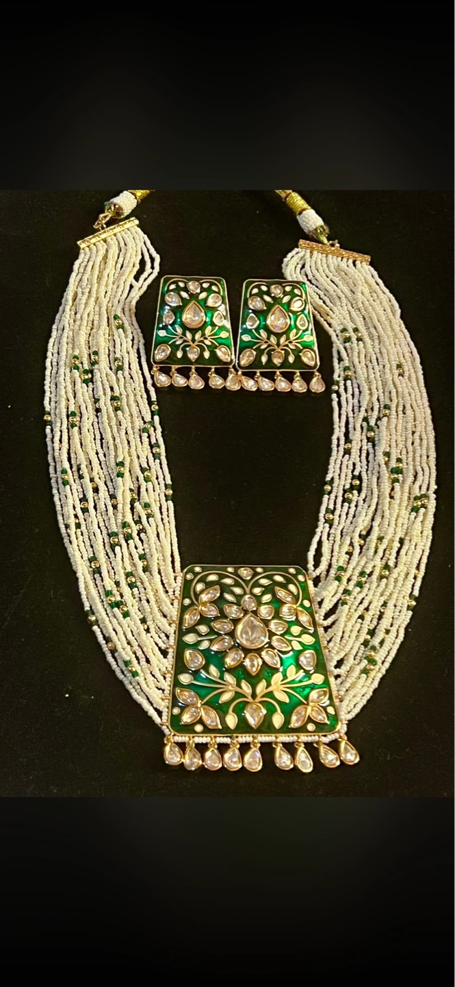 Green Enamel gold plated Pendant Necklace and Earrings Set