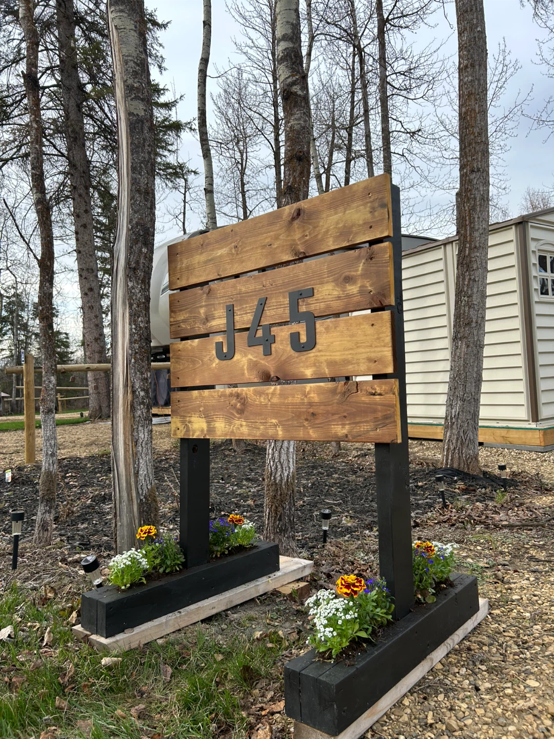 Custom Wooden J45 Campsite Sign with Planters - photo 2