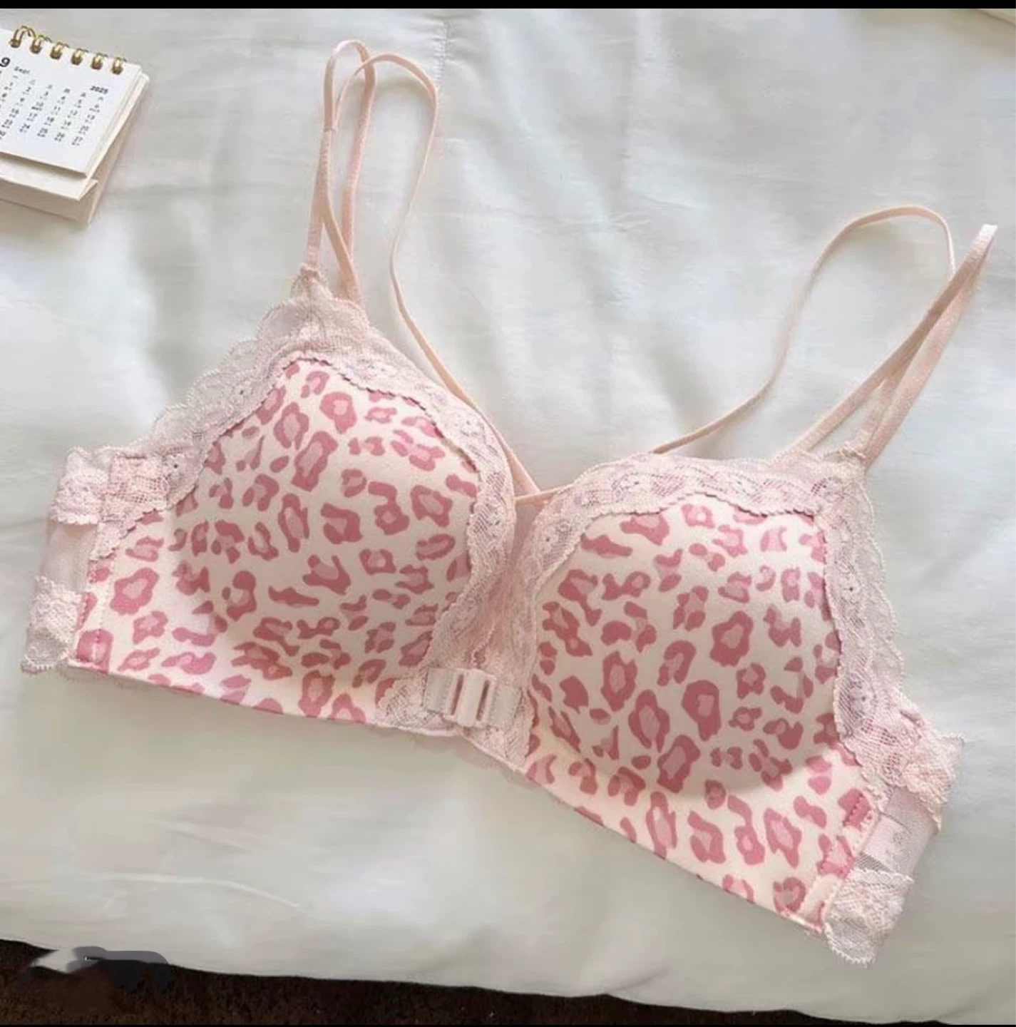 Pink Leopard Print Bra with Lace Trim