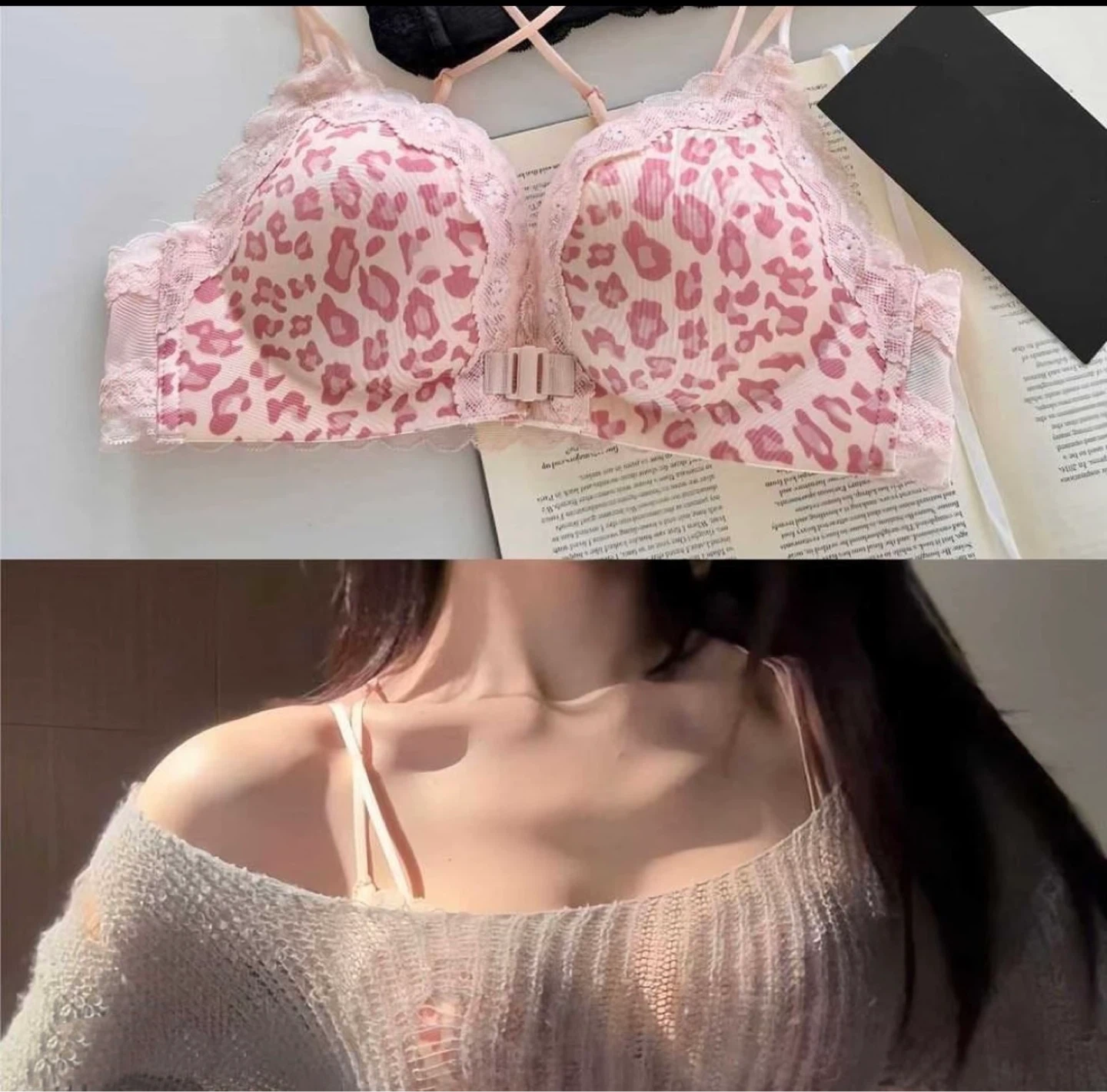 Pink Leopard Print Bra with Lace Trim - photo 2