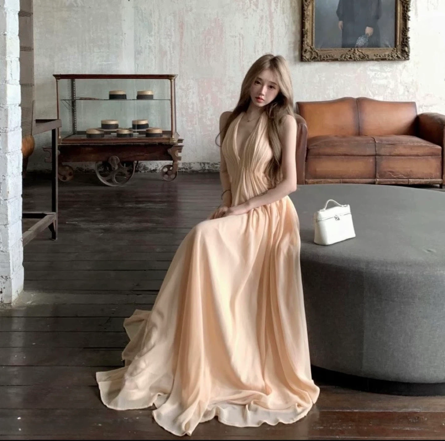 Peach Halter Neck Maxi Dress
