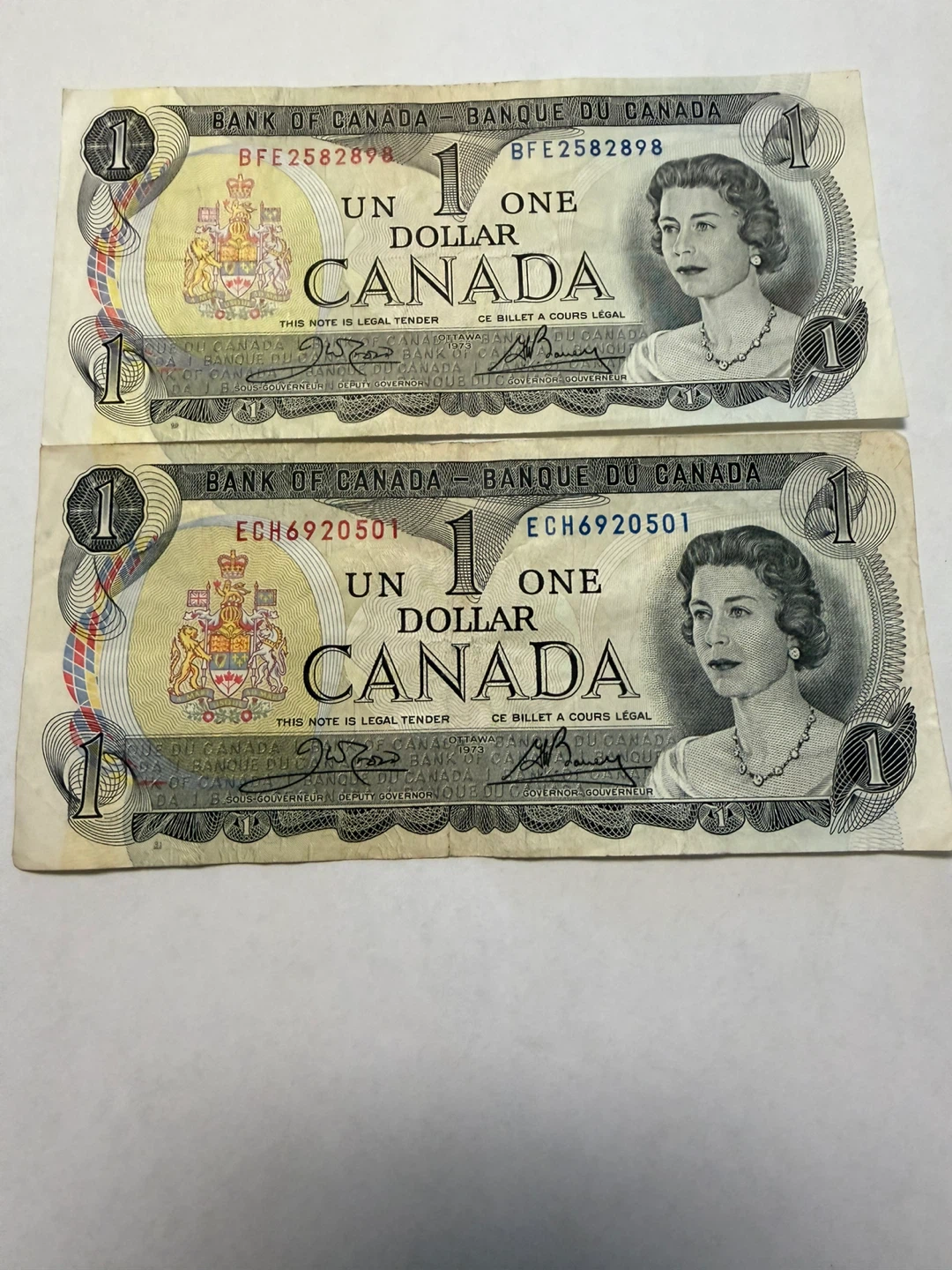 Two 1973 Bank of Canada One Dollar Bills